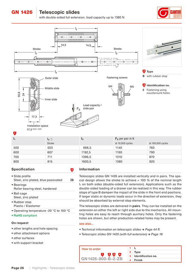 Guide di scorrimento telescopiche, a estrazione totale sui due lati,  capacità di carico fino a 1380N (GN 1426) di GANTER